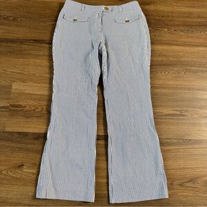 LL Bean Wide Leg Seersucker Pants Blue Stripe Patch Pockets Women 8 Petite 28”